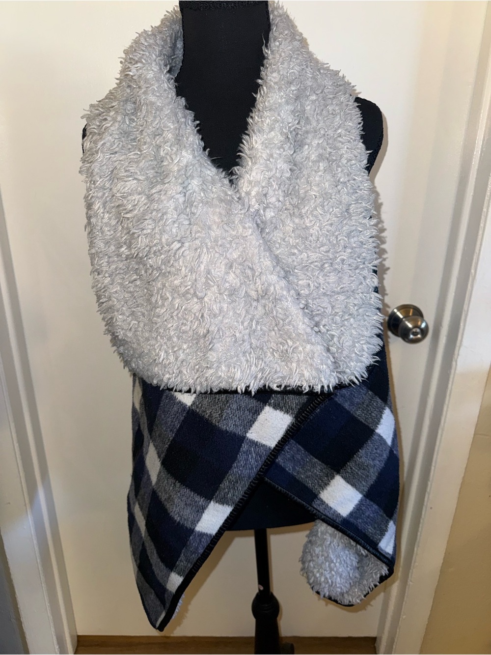 Me Jane Cozy Faux-Sherpa Buffalo Plaid Wrap Vest - Light Gray black and Navy